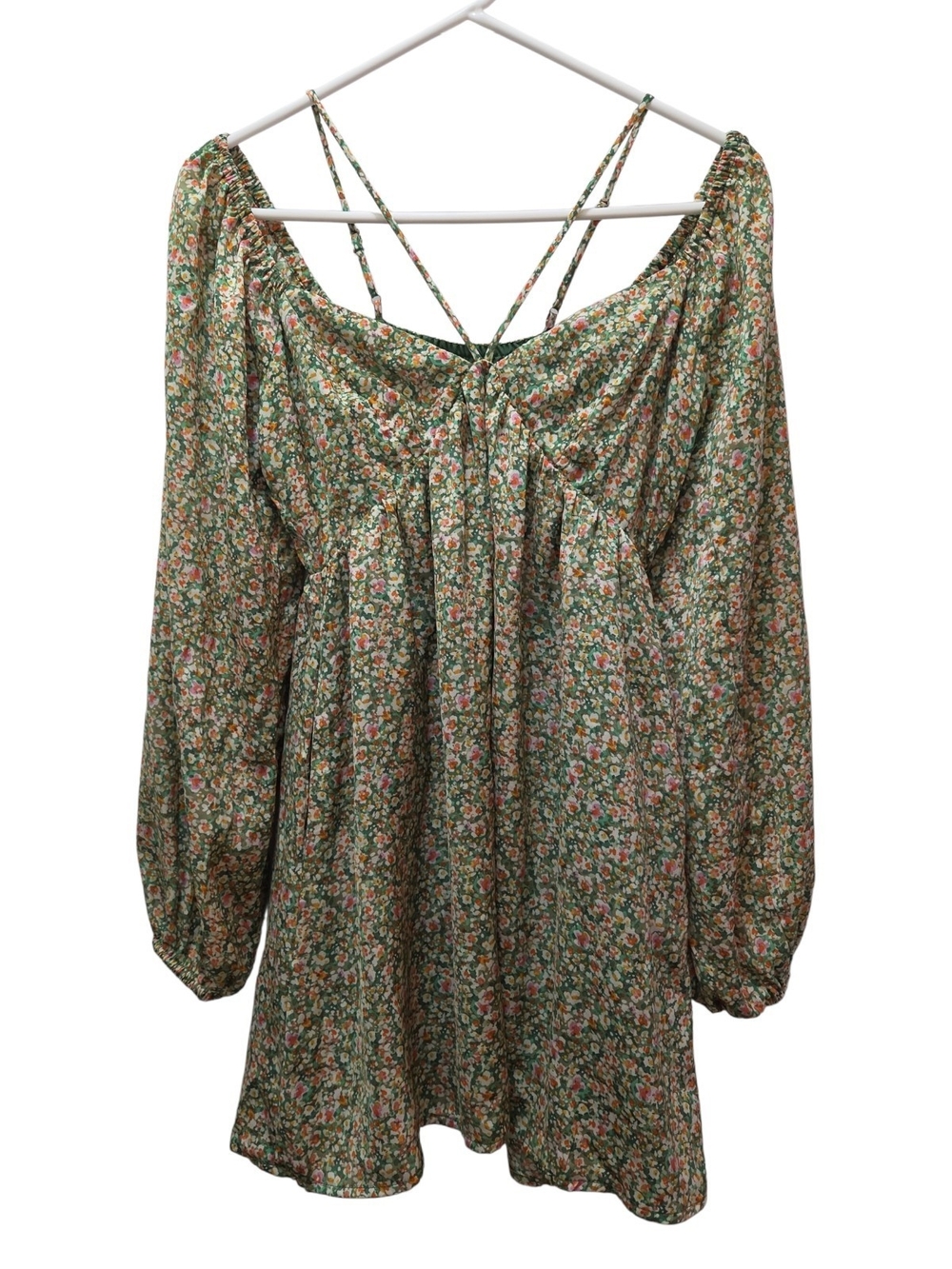 Lost + Wander Wild Poppies Long Sleeve Mini Dress with Strappy Back XS